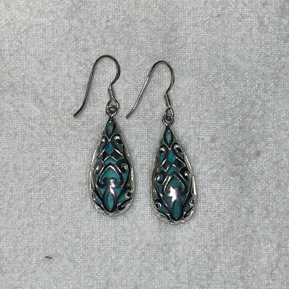 Turquoise Sterling Silver Filigree Drop Earrings - Picture 2 of 4